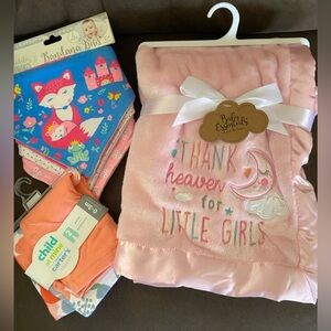 Baby Essentials Pink embroidered Blanket Carters leggings and Bandana bib Gift